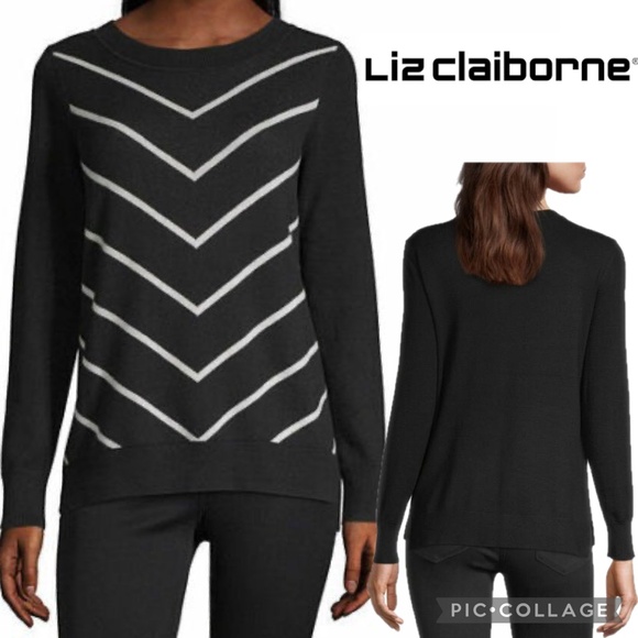 Liz Claiborne Chevron Stripe Sweater Black White Long Sleeve Size S - Picture 1 of 12